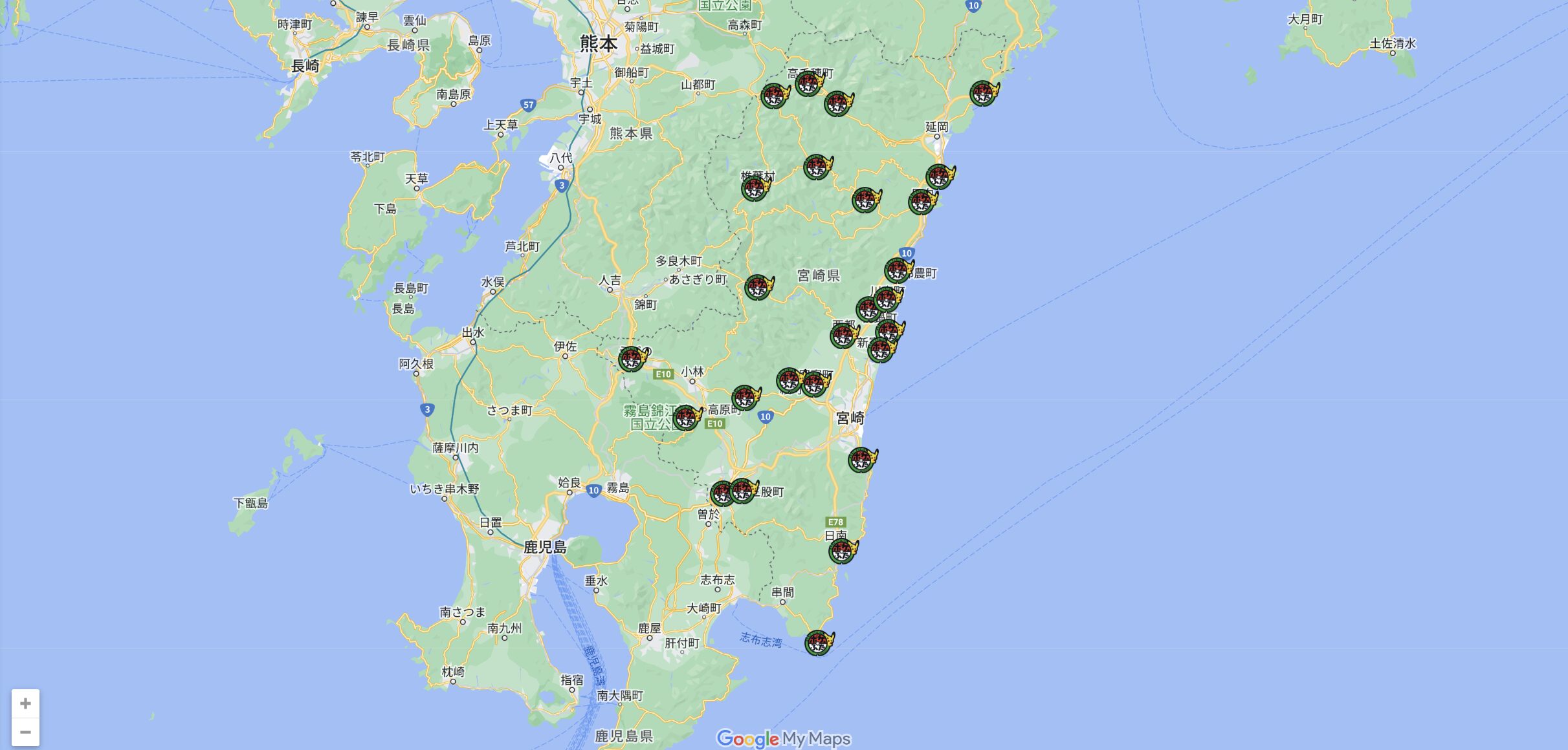 宮崎県のポケふたの位置(グーグルマップ)